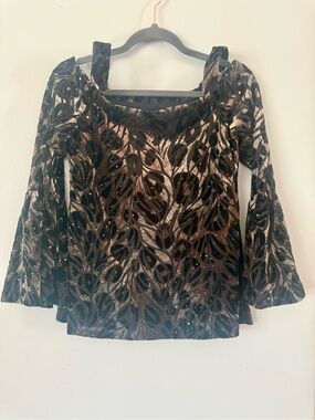 Frank Lyman Sequin Cold-Shoulder Burnout Blouse | Bell Sleeve Metallic Top
